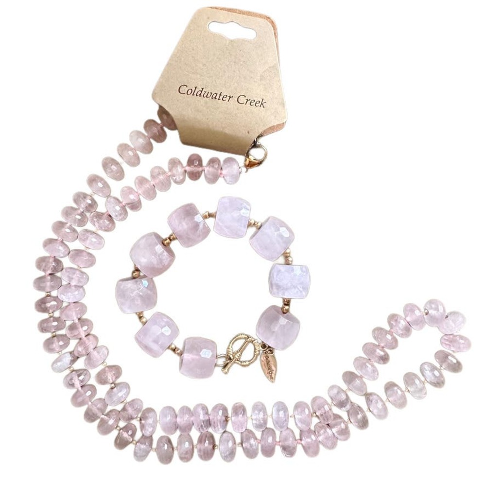 Coldwater Creek Elegant Pink Beaded Rose Quartz Necklace and Bracelet Set
